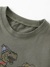 Olive green round neck childrens dinosaur t-shirt with beanie scarf dino