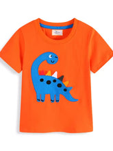 Bright orange childrens dinosaur applique t-shirt, machine wash cold