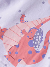 Pink polka-dotted dinosaur short sleeve t-shirt on light purple fabric