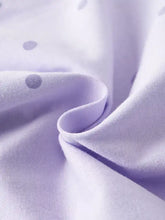 Children’s dinosaur short sleeve t-shirt in soft lavender fabric with gray polka dots, machine wash cold