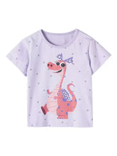 Children’s dinosaur short sleeve t-shirt with lavender pink dragon. Machine wash cold