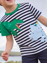 Children’s dinosaur appliques striped short sleeve t-shirt