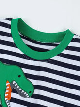 Children’s dinosaur applique on navy white striped t-shirt, machine wash cold
