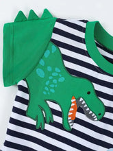 Green dinosaur applique with teal spots on navy white striped baby onesie