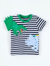 Children’s dinosaur striped t-shirt with green dinosaur appliques