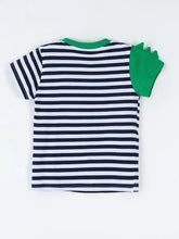 Navy white striped toddler t-shirt with green dinosaur appliques on sleeve
