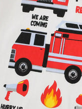 Childrens fire truck graphic short sleeve t-shirt, red with black white accents