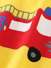 Vibrant yellow childrens fire truck graphic tee in natural cotton