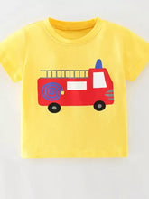 Yellow childrens fire truck graphic tee in natural cotton, machine wash cold