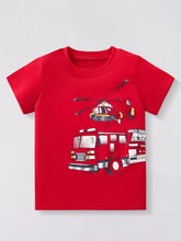 Red childrens fire truck and helicopter graphic short sleeve t-shirt