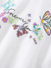 Children’s floral butterfly embroidered white cotton t-shirt with forever you stitching