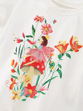 Children’s floral fairy white cotton t-shirt with fairy on mushroom