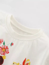 White floral fairy cotton t-shirt with colorful embroidered motifs, machine wash cold