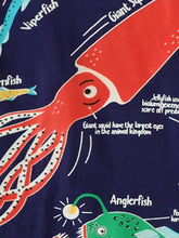 Glow-in-the-dark red cartoon giant squid t-shirt on natural cotton fibers