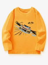 Bright orange race car crew neck t-shirt for kids in natural cotton