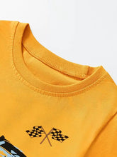 Vibrant yellow natural cotton crew neck childrens t-shirt with race car checkered flag graphic