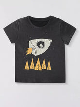 Childrens graphic short sleeve t-shirt with black cotton rocket wolf design