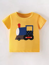 Yellow kids t-shirt with colorful train graphic, machine wash cold