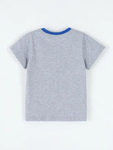 Heather grey childrens graphic t-shirt with blue ribbed crew neck