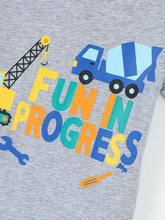 Heather grey kids t-shirt with fun in progress graphic, machine wash cold