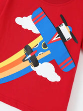 Red childrens graphic t-shirt with cartoon airplane, natural cotton