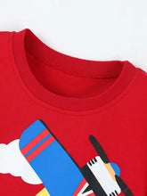 Red cotton childrens graphic t-shirt with airplane print, machine wash cold