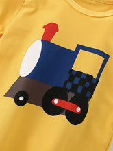 Yellow childrens t-shirt with train graphic, machine wash cold, tumble dry low