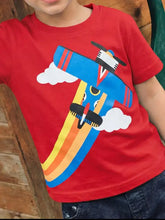 Red childrens graphic t-shirt with cartoon airplane, natural cotton