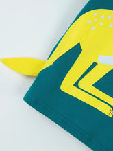 Teal round neck childrens kangaroo tee with yellow graphic