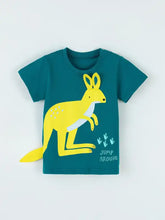 Teal round neck toddler tee with yellow kangaroo and jump around text