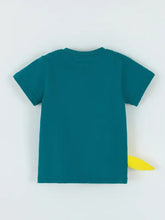 Back view of Children’s Kangaroo Graphic round neck tee in teal with yellow tail, machine wash cold