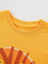Bright yellow childrens lion embroidered patch t-shirt with sun graphic