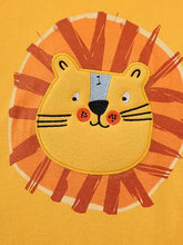 Yellow embroidered lion patch on childrens lion t-shirt, machine wash cold