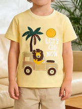 Yellow lion graphic short sleeve kids t-shirt with safari jeep print