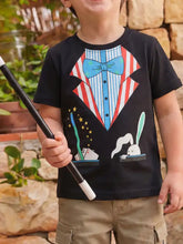 Black kids magician costume graphic t-shirt with colorful rabbit design