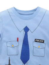 Light blue kids police officer graphic t-shirt with navy tie, pockets, red pen