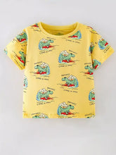Yellow printed crew neck kids t-shirt with surfing dinosaurs and happiness comes in waves print. Machine wash cold