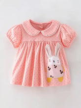 Pink polka dot toddler dress with bunny applique, machine wash cold