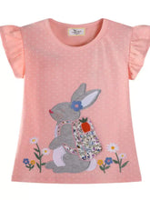 Pink polka-dot rabbit ruffle sleeve girls t-shirt with gray bunny embroidery