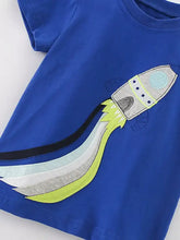 Blue rocket applique childrens t-shirt with colorful exhaust trail