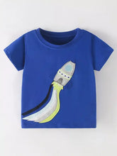 Blue rocket applique childrens t-shirt with exhaust trail flames