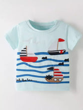 Light blue sailboat embroidered short sleeve kids t-shirt, machine wash cold