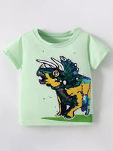 Children’s mint green sequin triceratops short sleeve t-shirt, natural cotton