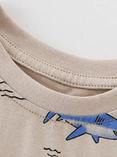 Children’s shark print crew neck t-shirt in beige with blue graphic, natural cotton