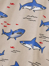 Children’s shark print T-shirt in beige fabric with blue sharks and red fish