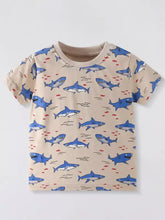 Children’s shark print crew neck short sleeve t-shirt, natural cotton