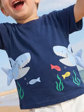 Childrens shark short sleeve t-shirt navy blue shark fish graphics