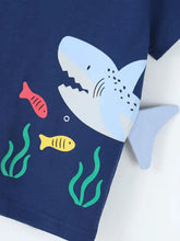 Navy blue shark short sleeve childrens t-shirt with playful shark graphic