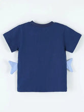 Children’s shark short sleeve t-shirt, navy blue with fins, machine wash cold