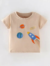 Childrens beige rocket ship embroidered t-shirt, machine wash cold
